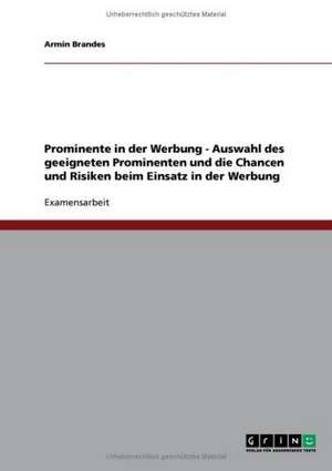 Prominente in der Werbung. Auswahl des geeigneten Prominenten und die Chancen und Risiken beim Einsatz de Armin Brandes