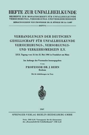 Verhandlungen der Deutschen Gesellschaft für Unfallheilkunde Versicherungs-, Versorgungs- und Verkehrsmedizin e.V.: XXX. Tagung vom 23. bis 25. Mai 1966 in Frankfurt am Main de Jörg Rehn