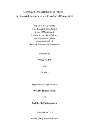 Greentech Innovation and Diffusion: A Financial Economics and Firm-Level Perspective de Philipp Hoff