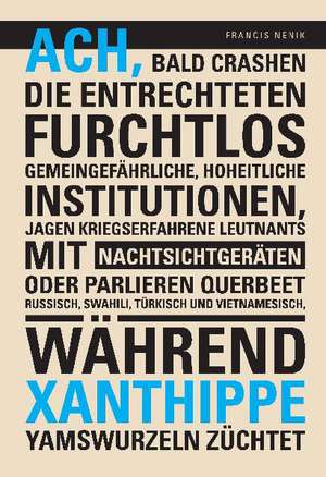 Ach, bald crashen die Entrechteten furchtlos gemeingefährliche, hoheitliche Institutionen, jagen kriegserfahrene Leutnants mit Nachtsichtgeräten oder parlieren querbeet Russisch, Swahili, Türkisch und Vietnamesisch, während Xanthippe Yamswurzeln züchtet de Francis Nenik